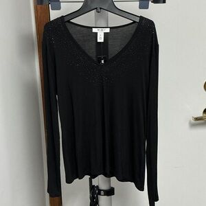 WHBM Elegant Long Sleeve Black V-Neck Blouse, Women's Size M, NWT